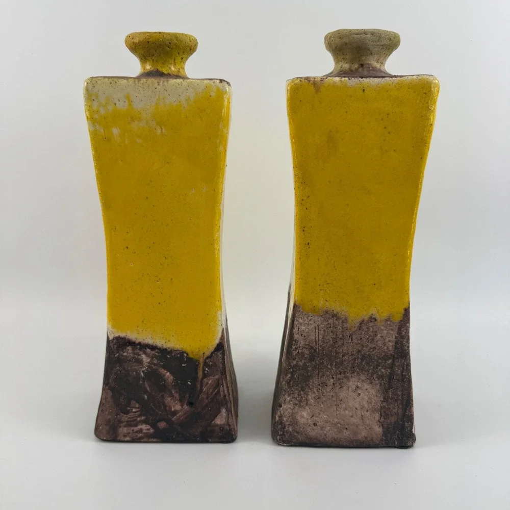 Vintage Studio Pottery Square Bottles Pair Mustard Yellow Drip Glaze Modern